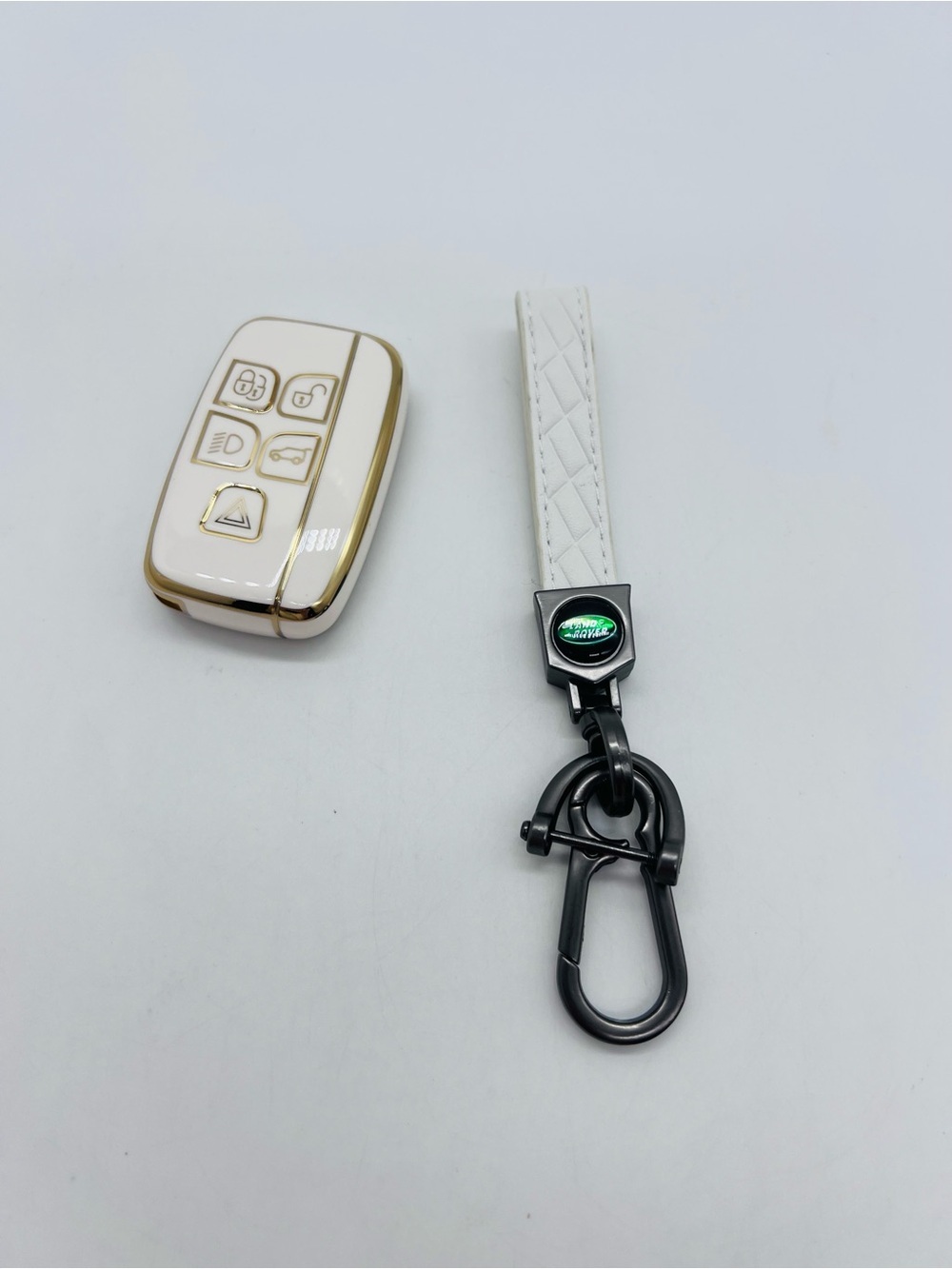 Land Rover Quilted Leather White Key Strap with Black Metal Clip and Fob Remote